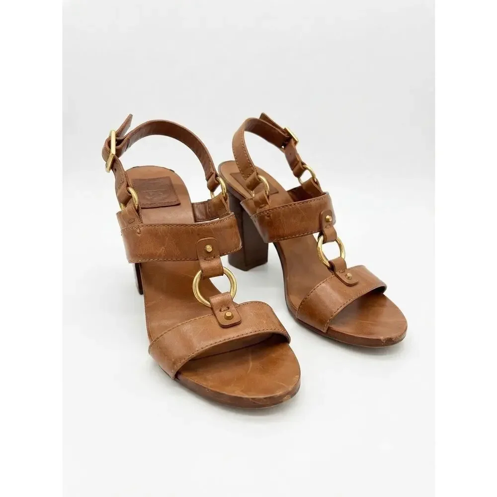 Tory Burch Gipse Almond Antique Veg Leather Heeled Sandals Size 9M